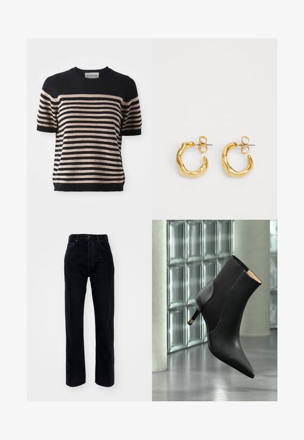 Stripet kortærmet sweater lavet af et blødt materiale; har marineblå og beige striber, rund halsudsigt og ribbet kant.; Sorte denim jeans med høj talje og lige ben, der har fem lommer, bæltestropper og en knaplukning i taljen.; Sort ankelstøvle med spids tå, kilehæl og sidelæ panel, svævende over en reflekterende gulv foran glasblokvinduer.; Guldtonede, teksturerede hoop øreringe i en organisk form med en subtil glans og en sikker post-back lukning.
