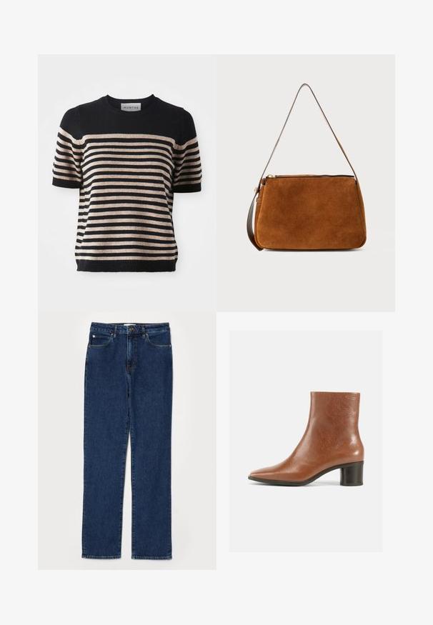 Stripet kortærmet sweater lavet af et blødt materiale; har marineblå og beige striber, rund halsudsigt og ribbet kant.; Denim jeans i mørkeblå farve, lige ben design, fem-lommer stil, med en robust talje og synlige syning detaljer.; Brun læder ankelstøvle med spids tå, tekstureret finish og en medium blokhæl. Enkel design uden synlige beslag eller mønstre.; Brun ruskinds skuldertaske med en struktureret form, en brun læderrem og en lynlåslukning i toppen. Glat tekstur med minimal hardware.