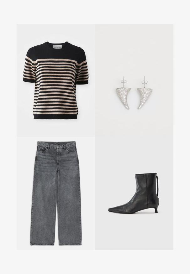 Gestreiftes Kurzarm-Strickoberteil aus einem weichen Material; mit marineblauen und beigen Streifen, Rundhalsausschnitt und geripptem Saum.; Weite Jeans in dunkelgrauem Denim. Verfügt über eine hohe Taille, ein Fünf-Taschen-Design und einen Frontknopfverschluss. Glatte Textur mit subtilen Auswaschungen.; Schwarzer Leder-Stiefelette mit spitz zulaufender Spitze, strukturierter Form und niedrigem Absatz. Verfügt über einen Seitenreißverschluss und ein minimalistisches Design.; Silberne, hornförmige Ohrringe, besetzt mit kleinen klaren Steinen, mit einem Steckverschluss zur Befestigung. Glatte Textur und metallisches Finish.
