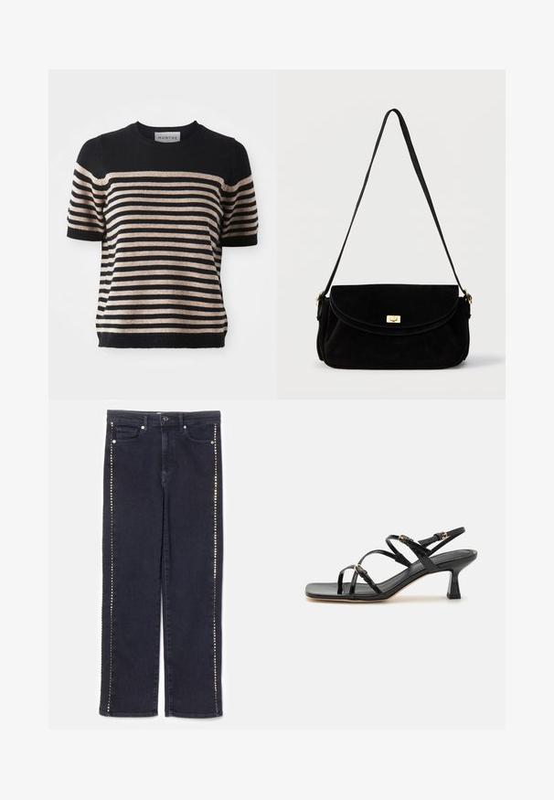 Stripet kortærmet sweater lavet af et blødt materiale; har marineblå og beige striber, rund halsudsigt og ribbet kant.; Mørke denim jeans med lige ben-design og en række af metalliske nitter langs sidesømmene, der giver et særpræget accent.; Sorte lakerede sandaler med stropper, kvadratisk tå og en lav blokhæl. Udstyret med guldfarvet hardware og justerbare ankelremme.; Sort skuldertaske i ruskind med klap og guldfarvet rektangulært twistlås, med en enkelt lang rem og bløde, strukturerede sider.