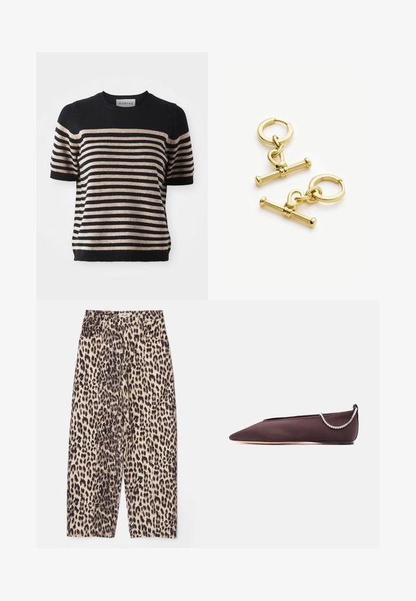 Gestreepte kortemouwen trui gemaakt van een zachte stof; heeft marineblauwe en beige strepen, een ronde halslijn en een ribgebreide zoom.; Leopardprint broeken in beige en zwart, met een relaxte pasvorm, textiel stof en vier zakken met een tailleband.; Donkerbruine platte schoen met puntige neus, lage hak en een zilveren rijglin met strassteentjes aan de achterkant.; Gouden metalen oorbellen met een ronde hoop en een decoratieve sluiting met verlengde staafaccenten. Hete glanzende afwerking en een gladde textuur.