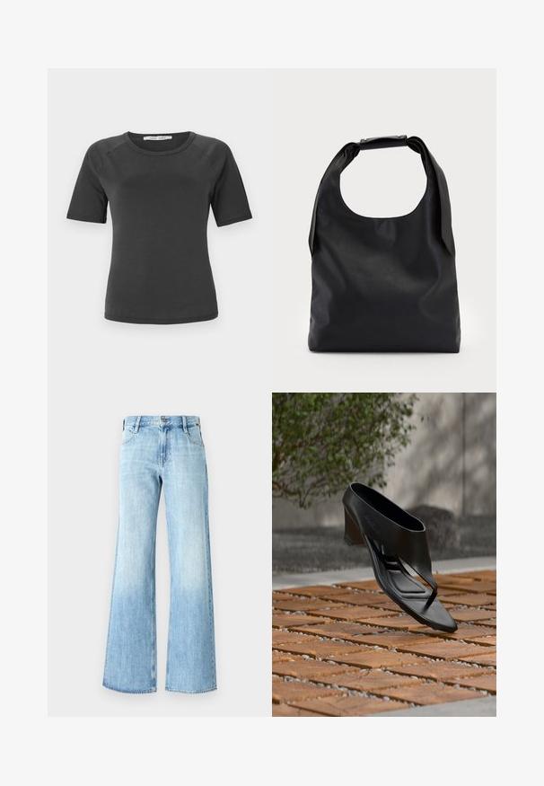 Dunkelgraues Kurzarm-T-Shirt mit Rundhalsausschnitt, aus glattem Stoff, mit Raglanärmeln und einem minimalistischen Design.; Helle blaue Denim-Jeans mit weitem Bein, hoch geschnitten, klassischer Fünf-Taschen-Design und Knopfverschluss, mit einer leichten Ausbleichung nahe dem Saum.; Schwarze High-Heeled Sandale mit Zehensteg, schwebend über einer gemusterten Holz- und Kiesaußenfläche mit verschwommenem Grün und Wand im Hintergrund.; Schwarze Lederhandtasche mit großem offenem oberen Bereich und einem einzelnen Schulterriemen. Weiche Textur, minimalistisches Design, mit subtilen hardware Akzenten.