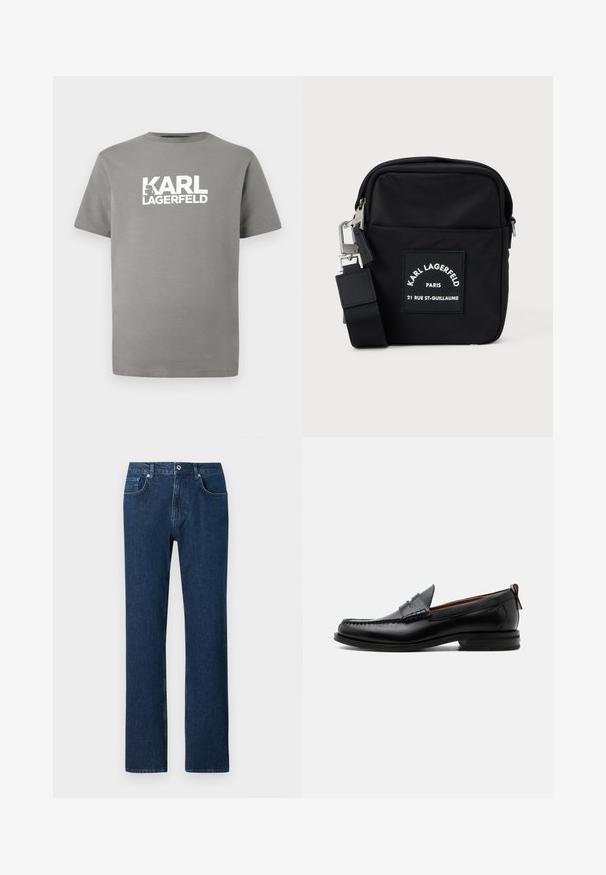 Camiseta de algodón gris con cuello redondo, mangas cortas y un texto de logo blanco audaz "KARL LAGERFELD" en el frente.; Jeans de denim azul oscuro con corte recto, que cuentan con un cierre frontal de botón, presillas para cinturón y un diseño de bolsillo estándar.; Mocasín de hombre de piel negra con costura moc toe, tira penny, cuello texturizado y tacón bajo apilado sobre fondo blanco.; Bolsa cruzada de nailon negra con forma rectangular, presenta una etiqueta en el parche frontal, herrajes plateados y una correa ajustable.