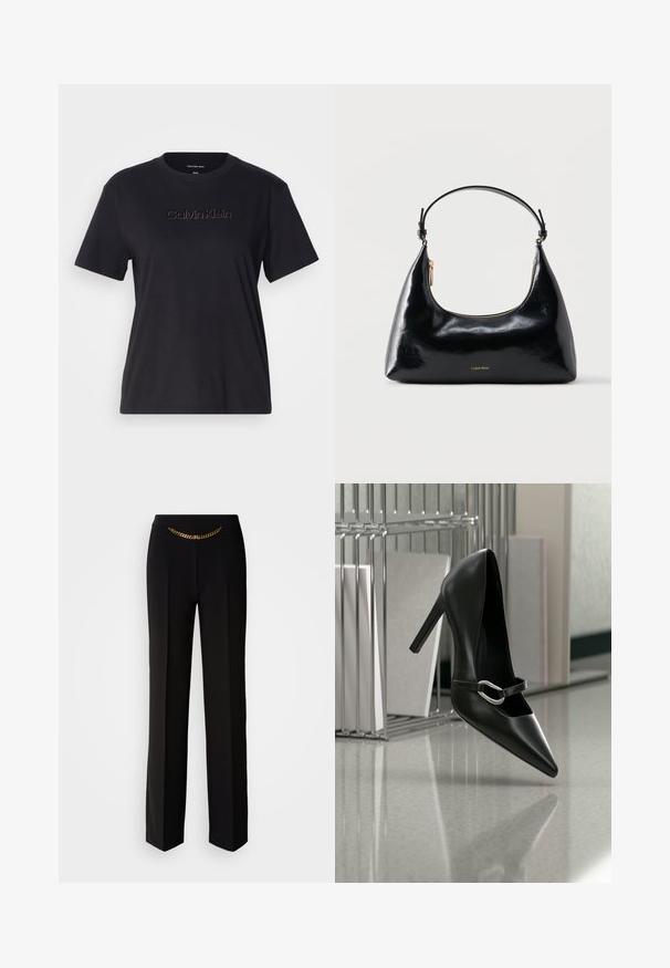Sort bomulds t-shirt med korte ærmer, med et gyldent broderet "Calvin Klein" logo på tværs af brystet. Enkel, udekoreret design.; MARCIANO BY GUESS ELLA CHAIN STRAIGHT PANTS - Bukser - black; Sort spids højhælet sko med en sølvspænde, placeret på en reflekterende overflade nær en metalfilorganisator med papirer.; Sort blank Calvin Klein håndtaske med gyldent lynlås og kort rem mod en ensfarvet hvid baggrund.