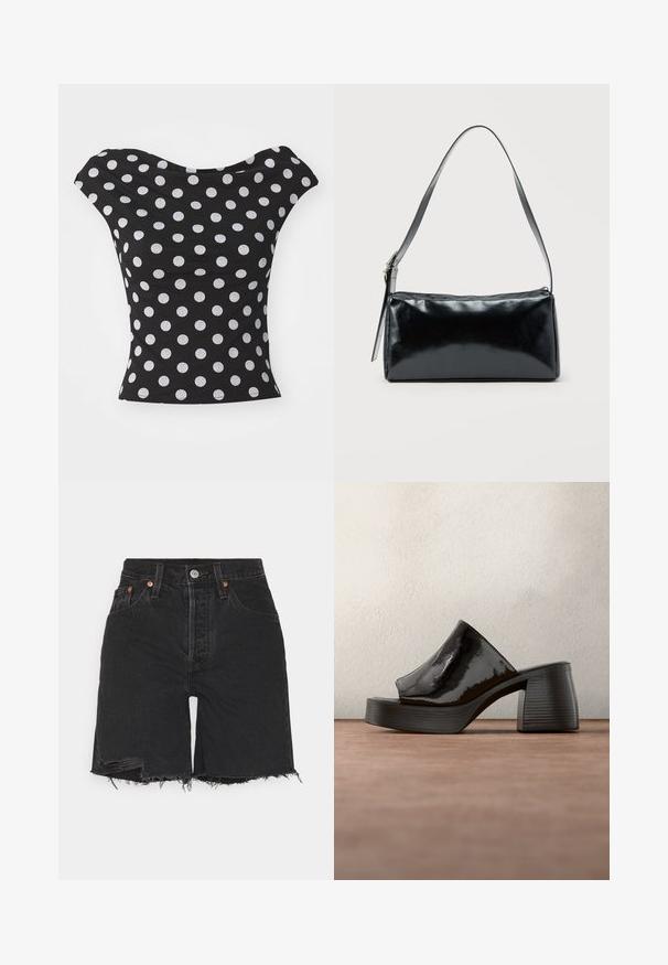 Sort top med hvide prikker, med en bred, off-shoulder halsudskæring og en tætsiddende form. Fremstillet af blød, strækbar stof.; Sorte denim shorts med høj talje, der har en rå kant og slidte detaljer. Indeholder fem lommer og en metalknap lukning.; Sort laklæder mule med åben tå og kraftig blokhæl, placeret oprejst på gråt gulv mod sløret baggrund.; Sort rektangulær skuldertaske med en enkelt justerbar rem og lynlås i toppen på en ensfarvet baggrund.