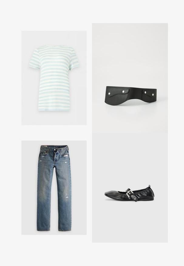 Camiseta de manga corta con cuello redondo y rayas horizontales en azul claro y blanco, mostrada sobre un fondo plano y liso.; Jeans de denim azul con corte recto, que presentan detalles desgastados y parches desteñidos. La tela tiene un acabado texturizado y costuras cosidas.; Zapato plano de piel negra con puntera afilada, detalle fruncido alrededor de la abertura y un acento de hebilla plateada en la correa ajustable.; Cinturón de cuero negro con dos bolsillos redondeados, asegurados con botones a presión plateados. Textura suave, diseño ligeramente curvado.