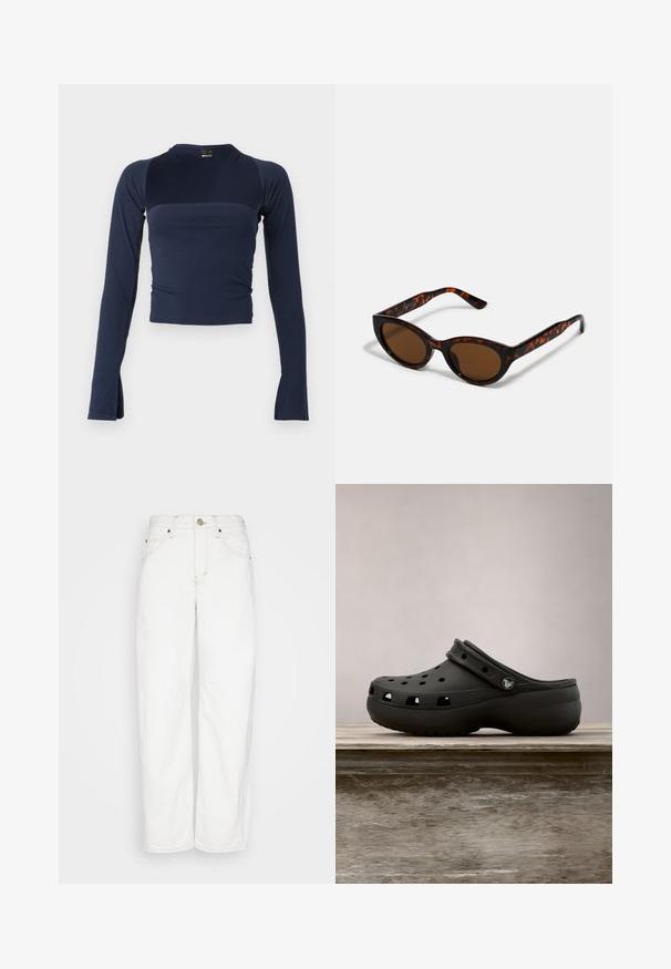 Top corto ajustado de manga larga en azul marino oscuro con cuello redondo y puños con agujero para el pulgar, diseño minimalista con sutil contraste de color en la parte superior del pecho.; BDG Urban Outfitters LOGAN CINCH - Vaqueros rectos - white; Zueco de goma negro con agujeros de ventilación, tacón elevado, correa trasera y suela texturizada. Acabado liso con un diseño minimalista.; Gafas de sol de carey marrón con una forma vintage de ojo de gato y lentes marrones. Presentan brazos curvados con acentos rojos.