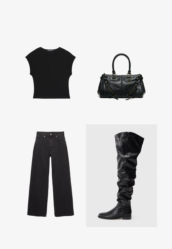Sort kortærmet croptop med rund halsudskæring og let tilspidset talje, lavet af blødt, letvægtsstof.; Sorte denim-jeans med brede ben, høj talje, fem lommer og knappelukning med diskrete syningsdetaljer.; Sorte over-knæ støvler lavet af glat læder. Har et slouchy design med flade såler, afrundede tæer og minimal hardware.; Sort læderhåndtaske med to håndtag, to skrå lynlåslommer med frynser samt guldfarvede metalringe og nitter.