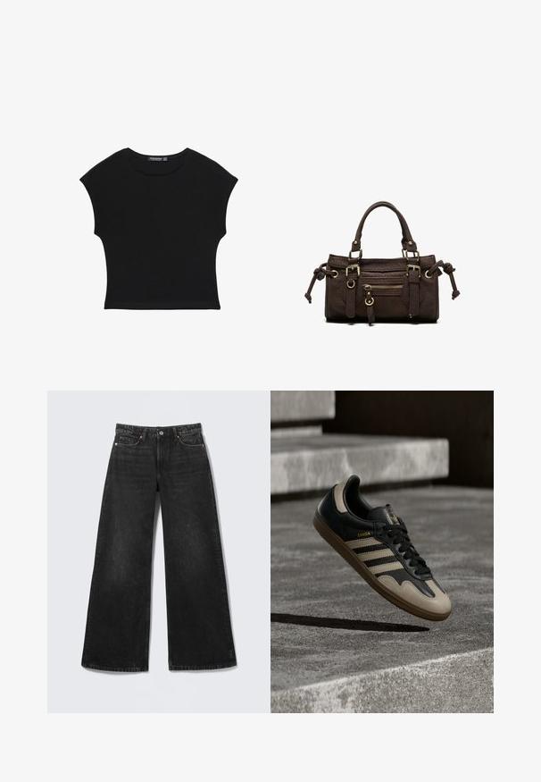 Haut court noir à manches courtes avec encolure ronde et taille légèrement cintrée, fabriqué en tissu doux et léger.; Jean noir à jambes larges avec cinq poches et fermeture par bouton, présenté à plat sur un fond clair.; Baskets en cuir noir et beige avec trois bandes blanches, semelle en caoutchouc beige et détail en or "Samba" sur le côté.; Sac à main en cuir marron foncé avec double poignée, poche avant zippée, boucles décoratives et nœuds latéraux sur fond blanc.