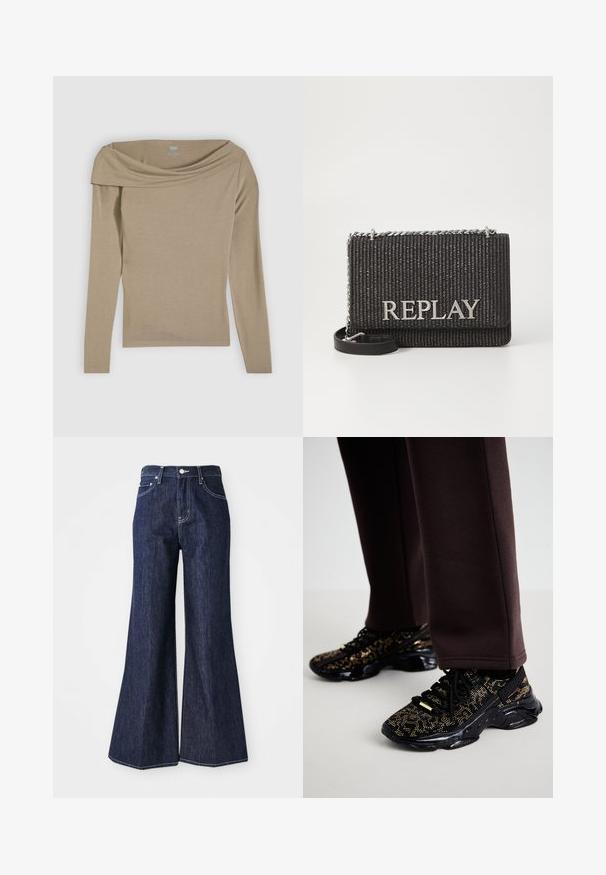 Beige top met lange mouwen, ontworpen met een off-the-shoulder stijl en een gladde textuur. Gemaakt van een zacht, lichtgewicht materiaal.; Donker denim flared jeans met een hoge taille, voorzien van een knoop- en ritssluiting. Witte stiksels en brede pijpen creëren een gestructureerd silhouet.; Zwarte sneakers met gouden spikkels, een gestructureerd oppervlak en een stevige zwarte zool. Gekoppeld aan bruine sweatpants met een slim-fit ontwerp.; Zwarte geweven tas met zilveren "REPLAY" logo, kettingaccent en afneembare zwarte schouderband. Gelaagde oppervlakte en rechthoekige vorm.