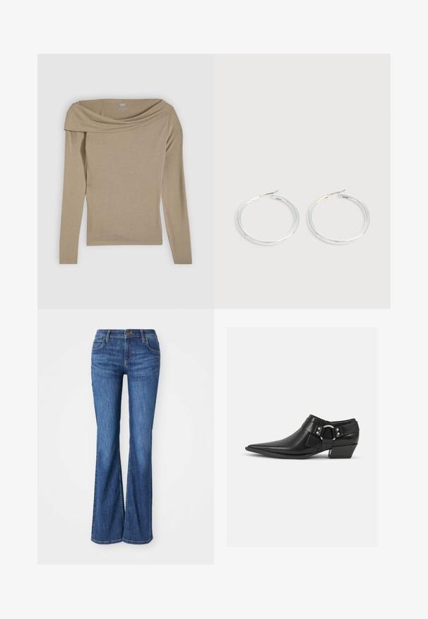 Beiger Langarm-Oberteil mit schulterfreiem Design und glatter Textur. Hergestellt aus einem weichen, leichten Stoff.; Blaue Denim-Bootcut-Jeans mit Fronttaschen, Knopfverschluss und Gürtelschlaufen, auf einem weißen Hintergrund präsentiert.; Schwarze Leder-Ankle-Boots mit spitzem Zeh, ausgestattet mit einem vorderen Leder-Riemen und einem silbernen Schnallendetail sowie einem niedrigen Blockabsatz.; Paar glänzende silberne Creolen mit dünnen Drahtverschlüssen, dargestellt vor einem hellgrauen Hintergrund.