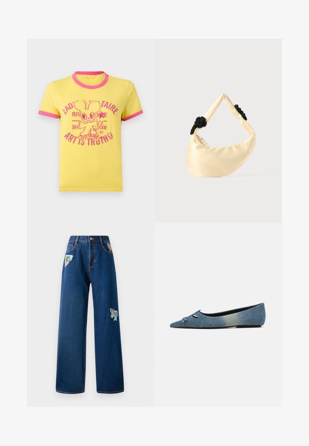 Gul T-shirt med lyserød krave og ærmekanter, med et lyserødt mussemotiv og teksten "ZAD' VISTAIRE" og "ART IS TRUTH."; Mørkeblå denim bukser med brede ben og to farverige broderede lapper foran. Har standardlommer og synlige syninger.; Denim balletflade med spids tå, dekorativ sløjfe og sorte detaljer. Blødt, tekstureret stof i en lys til mørk blå gradient. Flad sål.; Skuldertaske i cremefarvet satin med to sorte flettede knuder på remmen og en synlig lynlåslukning.