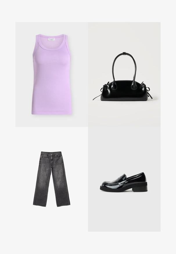 Syrenlilla ribstrikket ærmeløs tanktop med rund halsudskæring, tætsiddende pasform og Marc O’Polo Denim mærkat indeni kraven.; Mørkegrå denim jeans med vid ben, front- og baglommer, knaplukning og diskrete slidte detaljer.; Sorte patenterede lædersko med rund tå, lav blokhæl og en glat, blank finish. Har en dekorativ rem over forsiden.; Lille sort blank håndtaske med to lange håndtag og snøre-detaljer i siden på en ensfarvet lys baggrund.