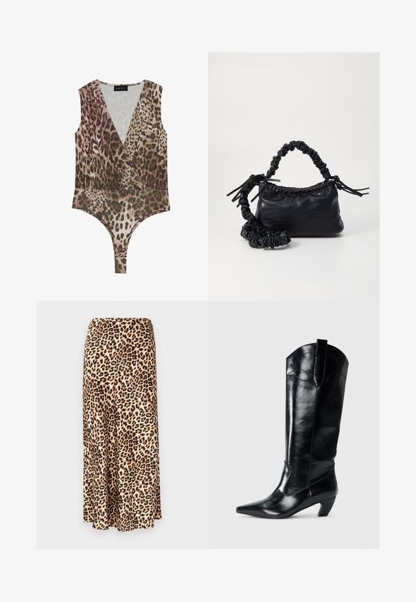 Body de estampado de leopardo con escote en V pronunciado, sin mangas, cintura fruncida y parte inferior alta en tonos marrón y beige.; Falda larga de estampado de leopardo hecha de tejido suave. Base marrón clara con manchas negras y marrones. Diseño acampanado con dobladillo recto.; Botas de cuero negras hasta la rodilla con punta afilada, tacón bajo y detalle de costura decorativa en los laterales. Acabado suave y brillante.; Bolso de mano de imitación cuero negro con textura de cocodrilo, parte superior fruncida y correa arrugada. Presenta un diseño suave y compacto.