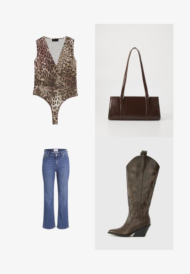 Leopardmønstret bodysuit med dyb V-hals, ærmeløst design, sammensamlet talje og højskåret bund i nuancer af brun og beige.; Mørkeblå jeans i denim med høj talje, brede ben og et traditionelt fem-lomme design. Har synlig syning og lukning med en frontknap.; Brune læder cowboystøvle med spids tå, kilehæl og dekorativ broderi. Har en høj stok og en trækflap.; Brun lakeret håndtaske med rektangulær form, to lange håndtag og subtile buede detaljer på fronten.