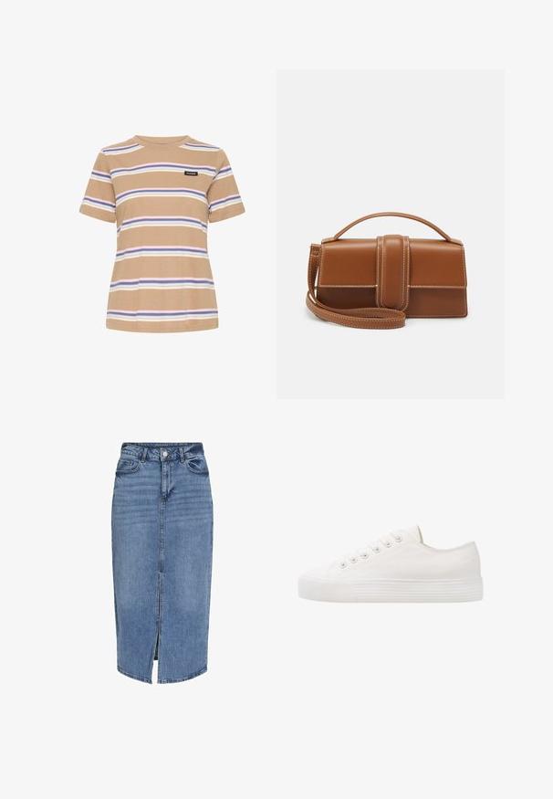 Beež lühikeste varrukatega t-särk, millel on horisontaalsed triibud sinises, valges ja roosas ning rinnal väike must „Pulz Jeans” logo.; Heledsinine denim midi seelik, millel on ees lõhik, viis taskut, püksivööloop ning nööpidega kinnitamine vööl. Klassikaline lõige ja tekstuur.; Valge kanvasest spordijalanõud ümmarguse toe, kuue läbitorkeaugu lukkude jaoks, tekstuuriga kummist tallad ja peened õmblused külgedel.; Pruunist nahast ristkülikukujuline käekott ülemise sangaga, esikaane, laia keskmise rihma, valgete õmblustega ja eemaldatava õlarihmaga valgel taustal.