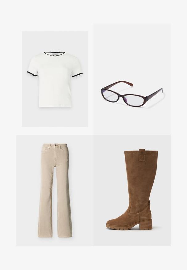 Weißes kurzärmeliges Hemd mit schwarzem gewelltem Besatz am Kragen und an den Ärmelrändern, mit dem Etikett Anna Field.; Beige hochtaillierte Jeans mit vorderer Knopfleiste und Reißverschluss, fünf Taschen und leicht ausgestelltem Bein vor einfarbigem Hintergrund.; Tamaris Stiefel - brown; Braune Plastikbrille mit schlanker, länglicher Form. Durchsichtige Gläser mit einem leichten lila Farbton. Dezente Markenkennzeichnung an den Bügeln.