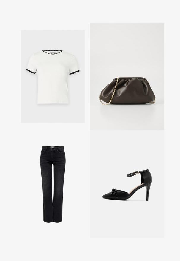 Wit shirt met korte mouwen en zwarte getande rand aan de kraag en mouwranden, met het label Anna Field.; ONLY BLUSH MID STRAIGHT NOOS - Straight leg jeans - washed black; Zwarte leren hoge hak schoenen met een puntige neus, enkelbandje en gouden gesp, met een glanzend strikdetail op de voorkant.; Bruine leren handtas met een geaccentueerd ontwerp, gouden kettinghengsel en een zachte, textuurafwerking. Compacte vorm geschikt voor avondgebruik.