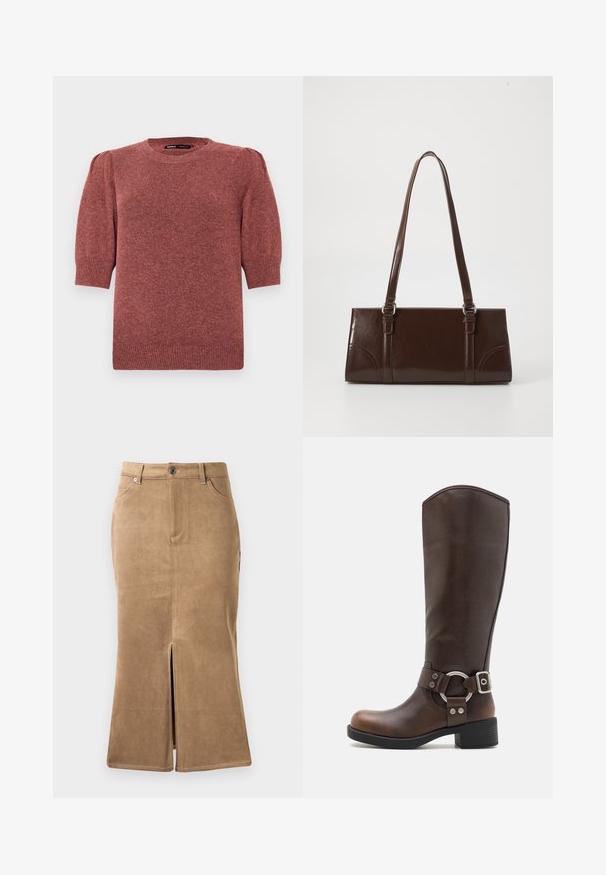 Pull à manches courtes en tricot dans une teinte brun rougeâtre. Il présente une encolure ronde et des épaules légèrement bouffantes avec des détails en côtes sur l'ourlet et les poignets.; Jupe midi en daim marron avec fente avant, couture contrastante et design à cinq poches. Texture lisse et forme ajustée.; Botte en cuir marron hauteur genou avec un accent en métal rond et une boucle. Tige légèrement texturée, talon empilé et design à bout rond.; Sac à main en cuir verni marron de forme rectangulaire, avec deux longues poignées et des accents courbés subtils à l'avant.