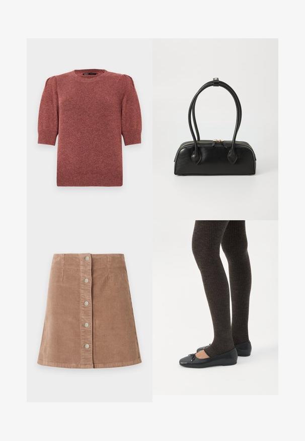 Pull à manches courtes en tricot dans une teinte brun rougeâtre. Il présente une encolure ronde et des épaules légèrement bouffantes avec des détails en côtes sur l'ourlet et les poignets.; Jupe en velours côtelé marron avec un ourlet évasé, dotée de cinq boutons en argent sur le devant et d'une texture côtelée verticale.; Jambes portant des leggings côtelés foncés associés à des ballerines noires avec de petits détails en nœud sur fond blanc.; Sac à main en cuir noir avec deux anses allongées, fermeture éclair et forme arrondie ; texture lisse avec une finition légèrement brillante.