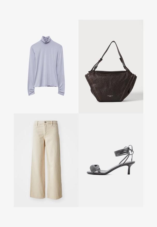 Haut col roulé lilas en tissu doux, avec un col froncé et des poignets froncés, à coupe décontractée et manches longues.; Jean large beige en denim, avec une taille haute, fermeture à bouton, passants de ceinture et poches latérales. Texture lisse et coupe décontractée.; Sandale à talon en cuir gris avec une bride nouée sur les orteils et des lacets enroulants autour de la cheville, sur un talon moyen et fin, sur fond blanc.; Sac à main texturé marron foncé avec une base large, un sommet étroit, une seule bandoulière et des coutures visibles sur un fond clair uni.