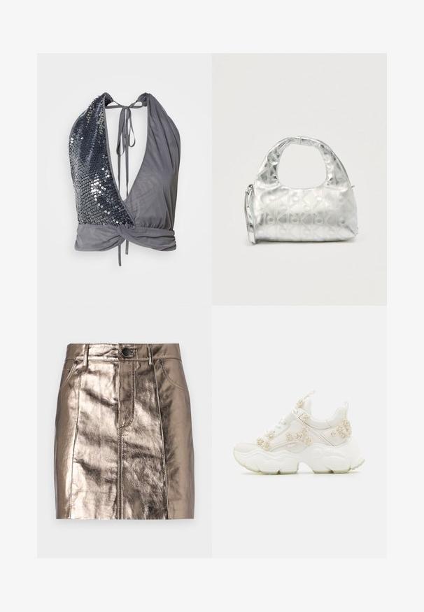 Top à col halter en tissu gris avec un décolleté en V profond. Un côté présente des sequins noirs, tandis que l'autre est lisse avec un détail noué dans le dos.; Mini jupe en denim bronze métallisé avec une coupe droite, poches avant et une taille avec fermeture à bouton. Texture lisse et brillante.; Buffalo BINARY ROSE - Baskets basses - white; Sac à main argenté avec un motif texturé de formes géométriques et de cercles, doté d'une poignée arrondie et d'une bandoulière amovible.