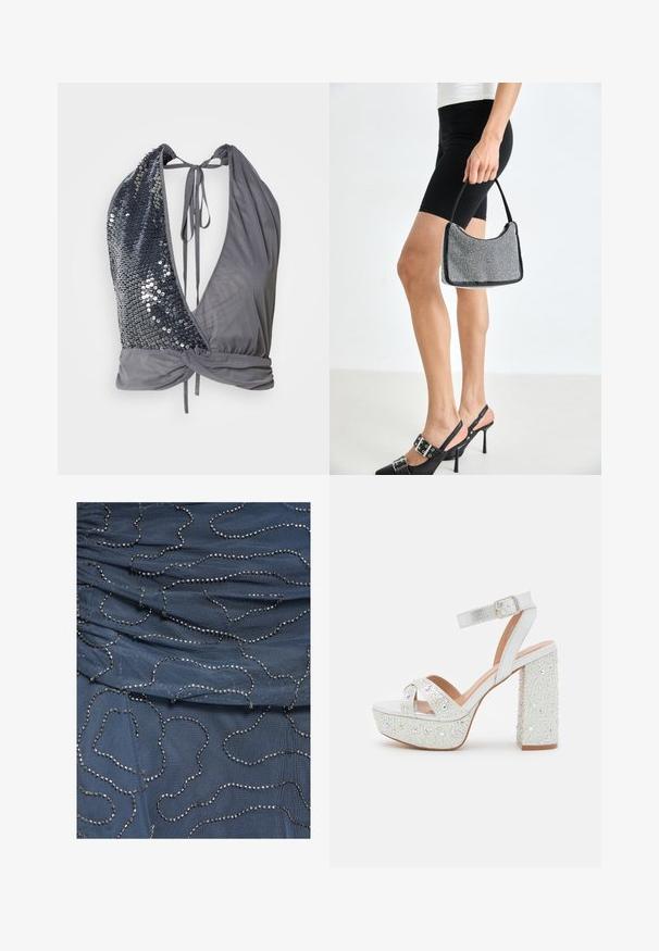 Top à col halter en tissu gris avec un décolleté en V profond. Un côté présente des sequins noirs, tandis que l'autre est lisse avec un détail noué dans le dos.; Tissu bleu à texture plissée décoré de lignes perlées argentées irrégulières créant des motifs abstraits en boucles sur la surface.; Sandales à plateforme blanches avec une finition métallique, présentant deux brides croisées, une bride de cheville et un talon carré orné de gemmes scintillantes.; Sac à main à perles noires avec une silhouette courbée, une poignée de transport et une texture brillante. Porté avec des chaussures à talons hauts noires et un short noir ajusté.
