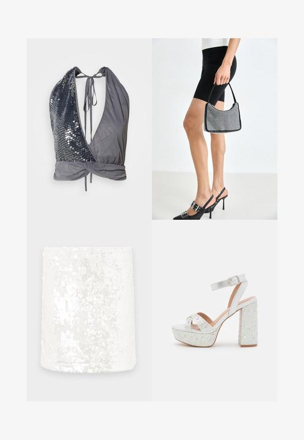 Top à col halter en tissu gris avec un décolleté en V profond. Un côté présente des sequins noirs, tandis que l'autre est lisse avec un détail noué dans le dos.; Tissu tube en sequins blancs avec une surface lisse. Les sequins reflètent la lumière, créant un effet chatoyant. Les bords sont finement finis.; Sandales à plateforme blanches avec une finition métallique, présentant deux brides croisées, une bride de cheville et un talon carré orné de gemmes scintillantes.; Sac à main à perles noires avec une silhouette courbée, une poignée de transport et une texture brillante. Porté avec des chaussures à talons hauts noires et un short noir ajusté.