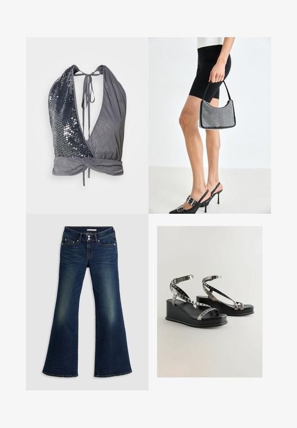 Halterneck-Top aus grauem Stoff mit einem tiefen V-Ausschnitt. Eine Seite ist mit dunklen Pailletten besetzt, während die andere glatt ist und einen gebundenen Rückendetail hat.; Dunkelblaue Jeans im Super-Low-Flare-Schnitt mit Front- und Gesäßtaschen, doppeltem Knopfverschluss und verwaschenen Details an Oberschenkeln und Knien.; Schwarze Wedge-Sandalen mit metallischen Riemenakzenten und kreisförmigen Ausschnitten. Glattes Lederfinish mit weißen Nähten.; Schwarze Perlen-Handtasche mit geschwungener Silhouette, Tragegriff und glänzender Textur. Kombiniert mit schwarzen High Heels und enganliegenden schwarzen Shorts.