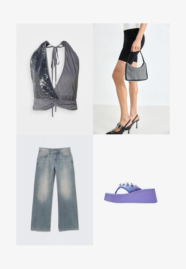 Top à col halter en tissu gris avec un décolleté en V profond. Un côté présente des sequins noirs, tandis que l'autre est lisse avec un détail noué dans le dos.; Jean bleu clair à jambes larges avec une finition délavée, en denim. Comprend des passants pour ceinture, des poches avant et une braguette zippée avec fermeture par bouton.; Sandale plateforme violette avec décorations papillon argentées sur la bride et semelle texturée.; Sac à main à perles noires avec une silhouette courbée, une poignée de transport et une texture brillante. Porté avec des chaussures à talons hauts noires et un short noir ajusté.