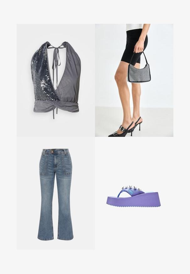 Top à col halter en tissu gris avec un décolleté en V profond. Un côté présente des sequins noirs, tandis que l'autre est lisse avec un détail noué dans le dos.; Jean en denim bleu à taille haute, poches plaquées à l'avant, fermeture par bouton et zip, et une silhouette de jambe légèrement évasée.; Sandale plateforme violette avec décorations papillon argentées sur la bride et semelle texturée.; Sac à main à perles noires avec une silhouette courbée, une poignée de transport et une texture brillante. Porté avec des chaussures à talons hauts noires et un short noir ajusté.