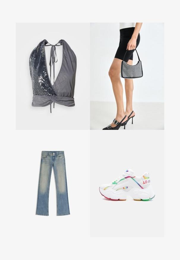 Top à col halter en tissu gris avec un décolleté en V profond. Un côté présente des sequins noirs, tandis que l'autre est lisse avec un détail noué dans le dos.; Jean en denim bleu clair avec devant délavé, fermeture à double bouton et jambes évasées, posé à plat sur fond blanc.; Baskets blanches épaisses avec des accents arc-en-ciel sur la semelle, les lacets et les côtés, dotées d'une semelle épaisse et d'un texte de marque coloré sur le talon.; Sac à main à perles noires avec une silhouette courbée, une poignée de transport et une texture brillante. Porté avec des chaussures à talons hauts noires et un short noir ajusté.