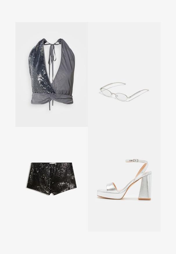 Top à col halter en tissu gris avec un décolleté en V profond. Un côté présente des sequins noirs, tandis que l'autre est lisse avec un détail noué dans le dos.; Shorts en sequins noirs avec une coupe ajustée. Comprend des sequins scintillants, une texture lisse et une taille pour un maintien sécurisé.; Sandales à plateforme argentées avec une large bride au niveau des orteils, une bride de cheville avec boucle, et un talon épais. Fini métallique lisse et design de semelle plate.; Lunettes ovales avec une monture métallique argentée, verres transparents et accents de branches texturées avec perles. Design léger avec des branches courbées.