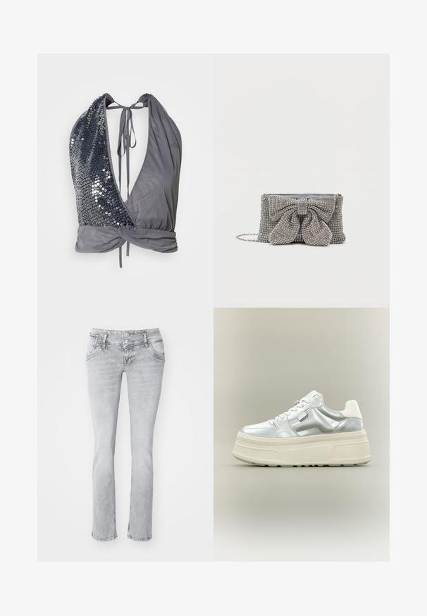 Top de cuello halter en tejido gris con un profundo escote en V. Un lado cuenta con lentejuelas oscuras, mientras que el otro es liso con un detalle de lazo en la parte trasera.; Vaqueros de denim gris con un corte ajustado, que cuentan con cierre de dos botones, bolsillos delanteros y un dobladillo ligeramente deshilachado. Textura suave, diseño de pierna recta.; Zapatilla de plataforma gruesa con parte superior metálica plateada, cordones blancos y suela gruesa texturizada de color crema, mostrada en perfil lateral sobre un fondo neutro.; Bolso gris brillante con una superficie texturada, que presenta un gran lazo decorativo en el frente y una correa de cadena. Forma rectangular compacta.