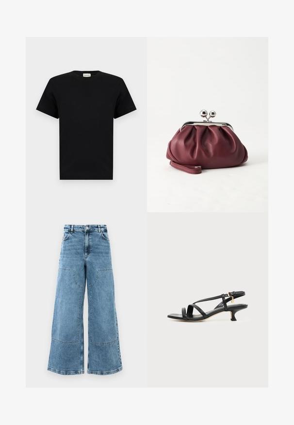 Zwart T-shirt met korte mouwen en een ronde hals met een klein wit labeltje bij de hals met de merknaam "CLOSED."; Lichtblauwe denim wijde pijpen jeans met een hoge taille, grote voorkruiden en zichtbare stiksels. Beschikt over een klassieke vijf-pocketontwerp.; Zwarte leren sandaal met smalle bandjes, lage kittenhak, enkelriempje en een klein gouden hangertje tegen een effen lichte achtergrond.; Kleine bordeauxrode leren clutch-portemonnee met zilverkleurige metalen sluiting en polsbandje op een witte achtergrond.