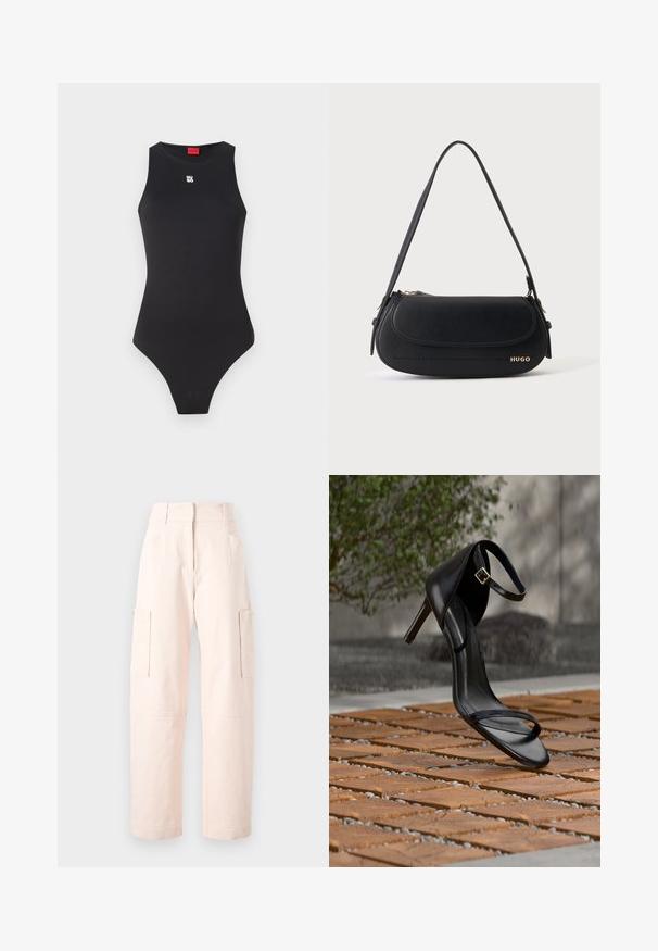 Body noir avec un design sans manches, fabriqué en matériau lisse. Présente un petit logo blanc sur la poitrine et une ouverture de jambe haute.; Pantalons cargo rose clair en coton, avec une coupe droite, deux poches latérales et une taille avec des détails élastiques.; Sandale noire à talon haut avec sangle à la cheville, suspendue au-dessus d'un sol en carreaux de bois à l'extérieur, avec un arrière-plan flou de verdure et de pierre.; Sac à épaule en cuir noir avec rabat incurvé, logo doré "HUGO" sur le devant, et une bandoulière réglable.