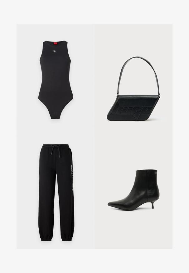 Bodysuit negro con un diseño sin mangas, hecho de un material suave. Presenta un pequeño logo blanco en el pecho y una abertura de pierna alta.; Pantalones de chándal negros con cinturilla elástica, cordón ajustable y puños ceñidos. Presenta un logo blanco impreso en el lado izquierdo.; Botín de piel negra con puntera puntiaguda y tacón bajo estilo kitten sobre fondo claro, mostrando vista lateral exterior.; Bolso de hombro de cuero negro con forma triangular, logo en relieve y una sola correa ajustable. Diseño minimalista con textura suave.