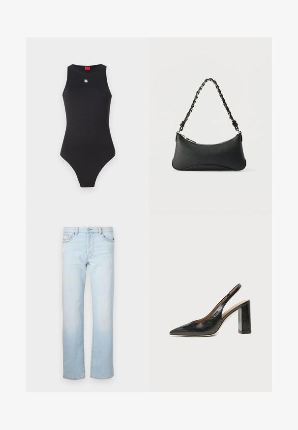 Body noir avec un design sans manches, fabriqué en matériau lisse. Présente un petit logo blanc sur la poitrine et une ouverture de jambe haute.; Jean en denim bleu clair à coupe droite, arborant de légères distresses, cinq poches et une fermeture à bouton.; Chaussure slingback en cuir noir à bout pointu avec un talon bloc haut et une doublure intérieure beige sur un fond clair uni.; Sac à bandoulière en cuir noir de forme rectangulaire incurvée, avec une chaîne dorée tissée dans la bandoulière noire tressée et une fermeture éclair sur le dessus.