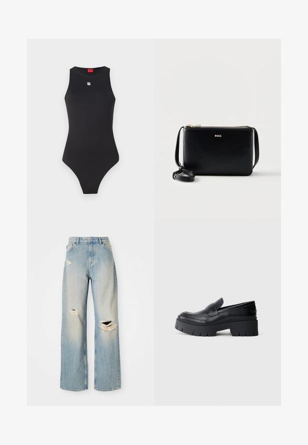 Sort bodysuit med en ærmeløs design, lavet af glat materiale. Har et lille hvidt logo på brystet og et højt skåret benåbning.; Lysblå lige-benede jeans med høj talje, bæltestropper og slidte huller på venstre lår, højre knæ og nederste venstre ben.; Sort klodset platform loafers med glat læderoverdel, dekorativ rem og tyk struktureret sål på hvid baggrund.; Sort læder crossbody taske med gyldent lynlås og justerbar rem, med teksten "BOSS" i gyldne bogstaver foran.