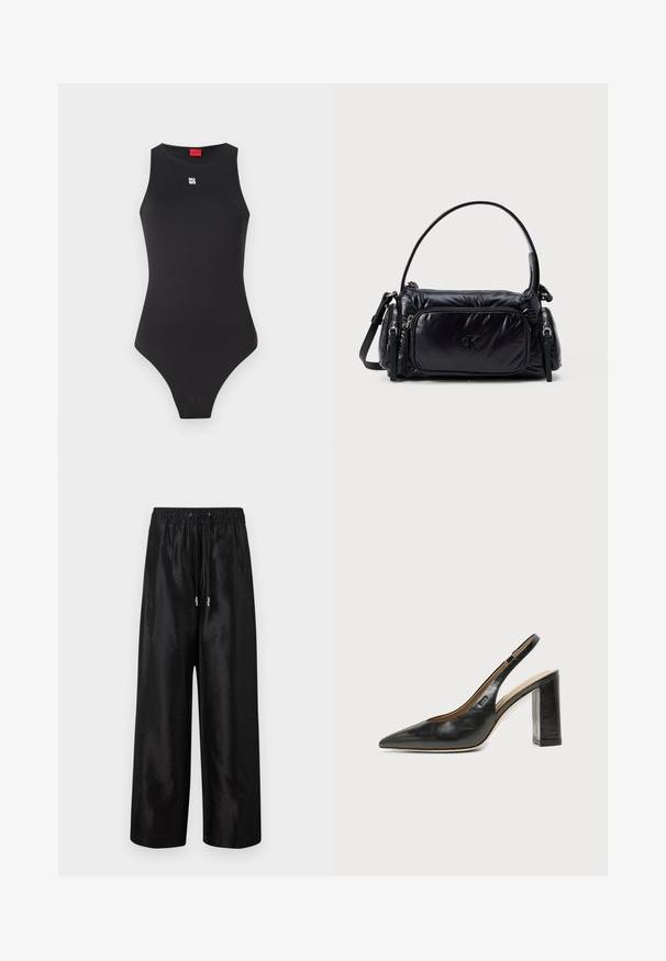 Sort bodysuit med en ærmeløs design, lavet af glat materiale. Har et lille hvidt logo på brystet og et højt skåret benåbning.; Sorte brede bukser lavet af blankt stof med elastisk talje og snøre, med sølv hardware-detaljer.; Sort læder peep-toe slingback sko med høj blokhæl og beige indvendig foring mod en ensfarvet lys baggrund.; Sort nylon håndtaske med et puffet design, rund skulderrem, frontlomme med lynlås og et subtilt logo prentet på forsiden.