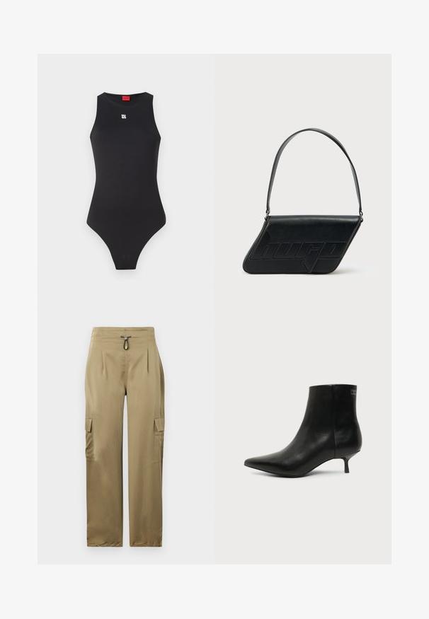 Must mustriga, ilma varrukateta disainiga, valmistatud siledast materjalist. Omab väikest valget logo rinna peal ja kõrge lõikega jalaava.; Kaksikohvikarva cargo-püksid slim-fit lõikega, millel on nööriga vöökoht, kaks küljetaskut ja tekstuuriga kude vastupidavuse tagamiseks.; Mustast nahast pahkluukõrge saabas terava otsaga ja madala kassist kannaosaga heledal taustal, näidates välisvaadet.; Mustast nahast kolmnurkse kujuga õlakott, reljeefse logoga ja ühe reguleeritava rihmaga. Minimalistlik disain ja sile tekstuur.