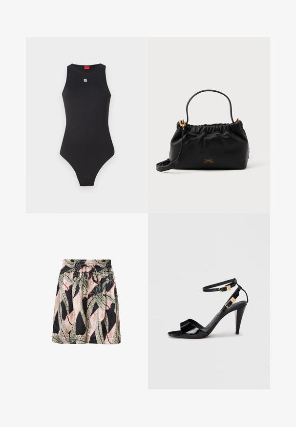 Sort bodysuit med en ærmeløs design, lavet af glat materiale. Har et lille hvidt logo på brystet og et højt skåret benåbning.; Blomsterprint nederdel med sort baggrund, elastisk talje, snor detalje og en let, glat tekstur.; Sorte patentlæder højhælede sandaler med dobbelte ankelremme og guldspænder, åben tå og slank taperet hæl på neutral baggrund.; Sort lædertaske med samlet top, en kort hank og en aftagelig skulderrem. Funktionen inkluderer guldlogo accenter og en glat tekstur.