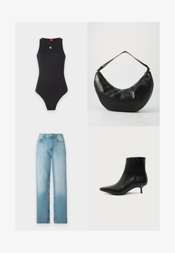 Sort bodysuit med en ærmeløs design, lavet af glat materiale. Har et lille hvidt logo på brystet og et højt skåret benåbning.; Lyseblå høj talje straight-leg denimjeans med frontknap og lynlås, for- og baglommer, vist på hvid baggrund.; Sort læder ankelstøvle med spids tå og lav kitten hæl på lys baggrund, der viser yderside.; Sort læder skuldertaske med en buet form, blød tekstur og en enkelt rem; har en guldbeslået lynlås og diskret branding.