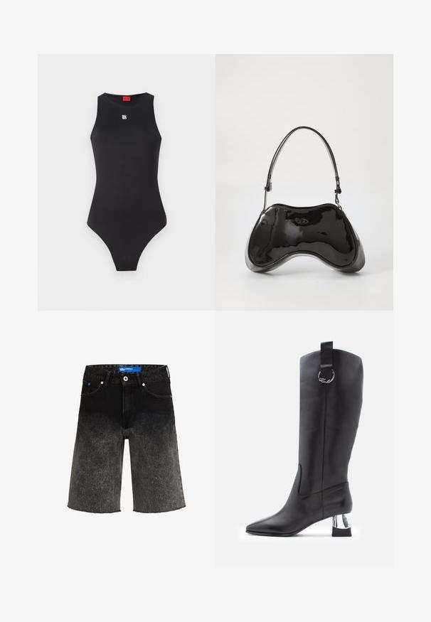 Bodysuit negro con un diseño sin mangas, hecho de un material suave. Presenta un pequeño logo blanco en el pecho y una abertura de pierna alta.; Shorts de mezclilla negra con un desvanecimiento de oscuro a claro. Con un dobladillo deshilachado, dos bolsillos frontales y una etiqueta de marca azul en la cinturilla.; Botas de cuero negras hasta la rodilla con punta afilada y tacón bloque de cromo. Presenta una correa con un adorno de hardware circular en la parte superior.; Bolso de mano de piel sintética negra con un diseño curvado único, asas cortas y ajustables, y abertura con cremallera en la parte superior. Textura suave con una sutil marca.