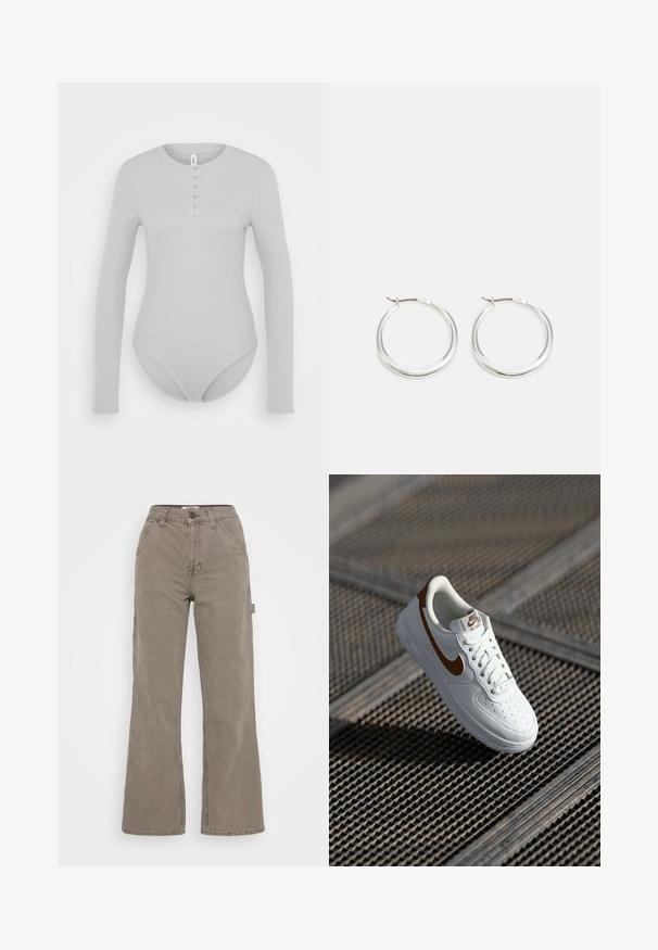 ONLY ONLCARI BODY - Top s dlhým rukávom - ultimate grey; BDG Urban Outfitters CARPENTER - Nohavice - washed grey; Biela kožená teniska s perforáciami, hnedým logom Nike a šnúrkami. Má textúrovanú podrážku a polstrovaný golier.; Strieborné kruhové náušnice majú hladký, zaoblený dizajn s tenkým profilom a bezpečným zapínaním. Minimalistický štýl s lešteným povrchom.