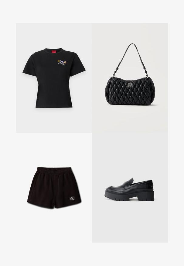 Schwarzes Kurzarm-T-Shirt aus Baumwolle. Mit gesticktem Blumenmuster und dem Schriftzug "Hugo" auf der linken Brust. Klassischer Rundhalsausschnitt.; Schwarze elastische Shorts mit Seitentaschen und einem kleinen Calvin Klein Logo-Patch vorne unten links.; Schwarzer klobiger Plateau-Schlüpfschuh mit glattem Lederoberteil, dekorativem Riemen und dicker strukturierter Sohle auf weißem Hintergrund.; Schwarze gesteppte Leder-DKNY-Schultertasche mit kurzem verstellbarem Riemen und silbernem Logo auf der Vorderseite.
