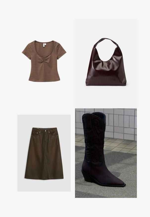 Brun kortærmet damebluse med tynde beige horisontale striber og en rynket detalje foran ved halsudskæringen.; Brun denim A-formet nederdel med høj talje, frontslids, kobbernitter og tonede syninger. Glat tekstur, knælængde design.; Mørkebrun læder cowboystøvle med dekorative syninger, spids snude og skråt anbragt hæl, stående på fortov nær flisebelagt væg.; Bordeaux, skinnende vegansk læder tote taske med en blød, skulpturel form og et bredt, buet håndtag for nem bæring.