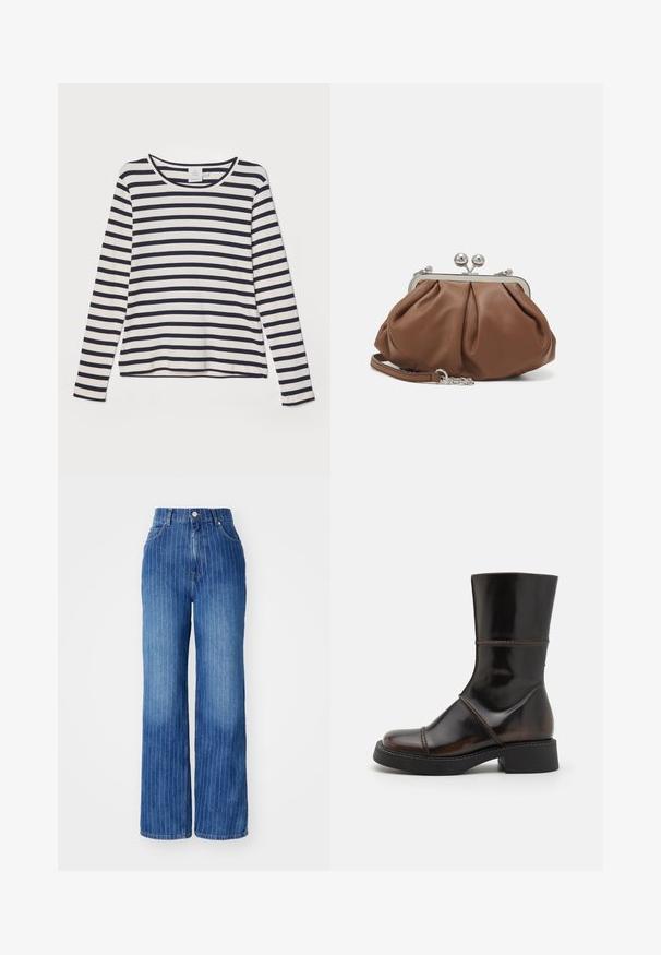 Langærmet skjorte i creme med marineblå vandrette striber, med rund halsudskæring, ribbet tekstur og afslappet pasform.; Blå denim brede bukser med lodrette hvide striber, høj talje og fem-lomme design, med knap- og lynlåslukning.; MIISTA DAHLIA - Plateaustøvler - brown; Weekend Max Mara PRATI - Clutches - cuoio
