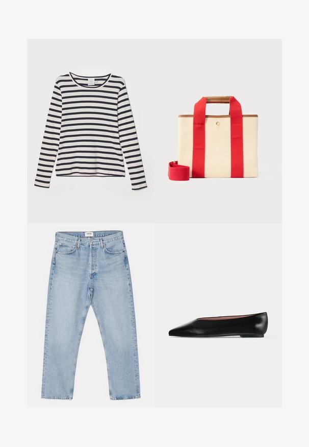 Chemise à manches longues en crème avec des rayures horizontales marines, dotée d'un col rond, d'une texture côtelée et d'une coupe décontractée.; Jean en denim bleu clair avec une coupe droite classique, cinq poches et un devant boutonné, présentant un léger délavage et une texture robuste.; Chaussure plate en cuir noir pour femme, avec bout pointu et petit talon, vue de côté sur un fond gris clair uni.; Sac fourre-tout rectangulaire en toile beige avec larges bandoulières rouges, garniture en cuir marron, et bandoulière rouge amovible sur un fond clair.
