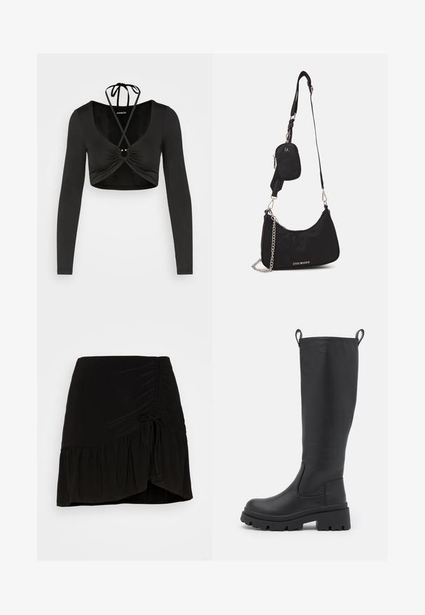 Even&Odd by Zalando Topper langermet - black; Even&Odd by Zalando Miniskjørt - black; Sorte høyhælte støvler laget av glatt lær med tykk såle og lett hæl. Har dragetapper og elastiske sidestriper for enkel påkledning.; Svart nylon skulderveske med buet form, sølvkjede som accent, avtagbar mini-pung og justerbar stropp; har "Steve Madden"-logoen.